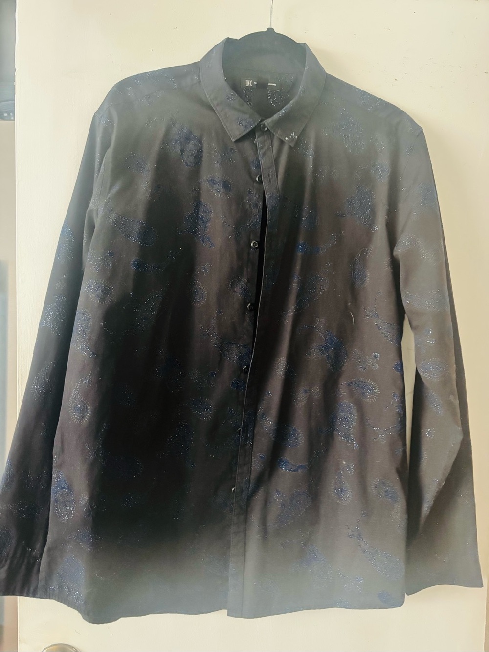INC International Concepts Black Dress Shirt with Blue Paisley Sparkle